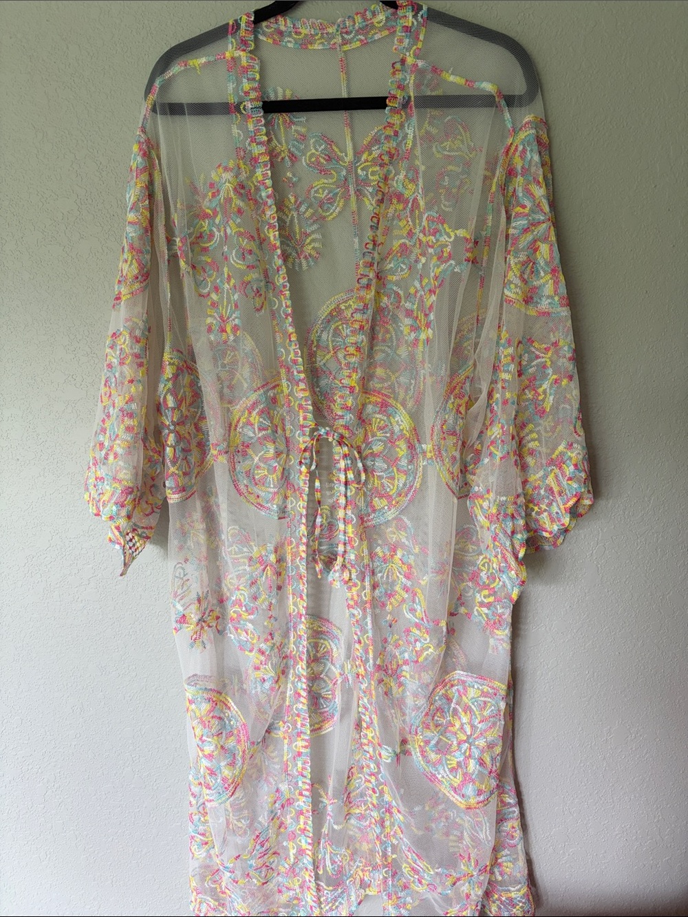Sheer Pastel Embroidered Tie-Front Kimono Robe - Multicolor Pastel